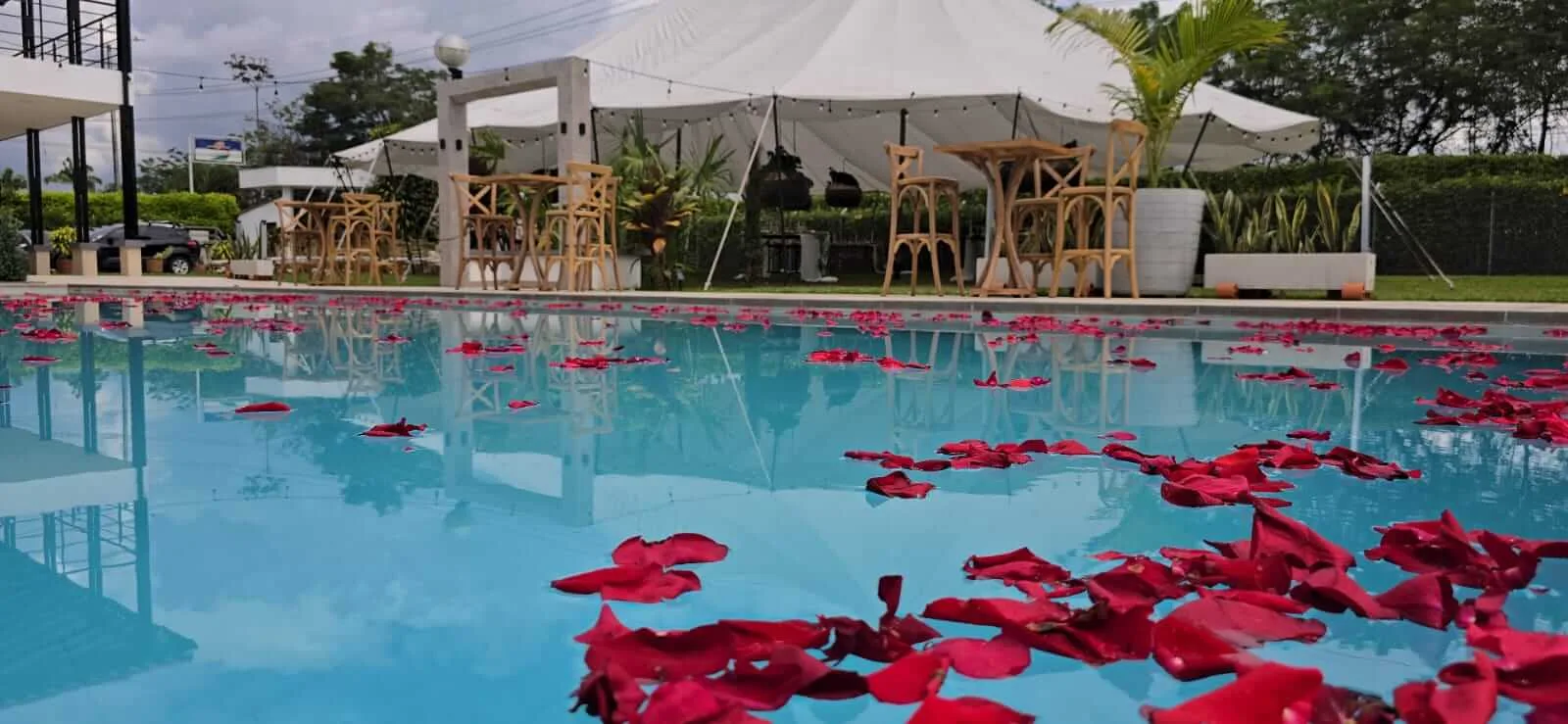 Decoración de boda con pétalos de rosa sobre la piscina en Manizales